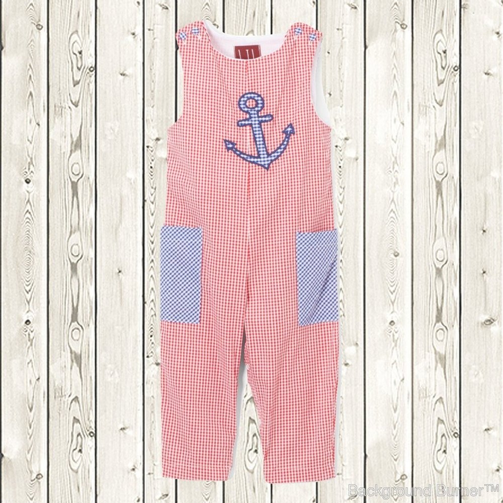 Lil Cactus Nautical Anchor Plaid Overalls Jumpsuit
